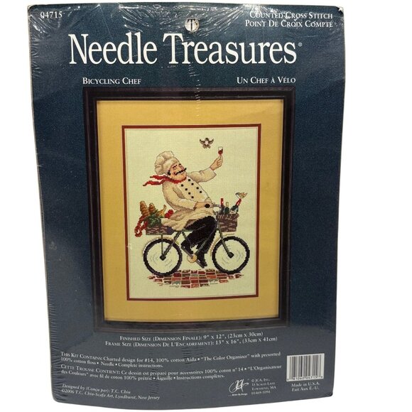 Needle Treasures Bicycling Chef Cross Stitch Kit 9"x12" 04715 Cotton Floss Frame - Picture 1 of 6